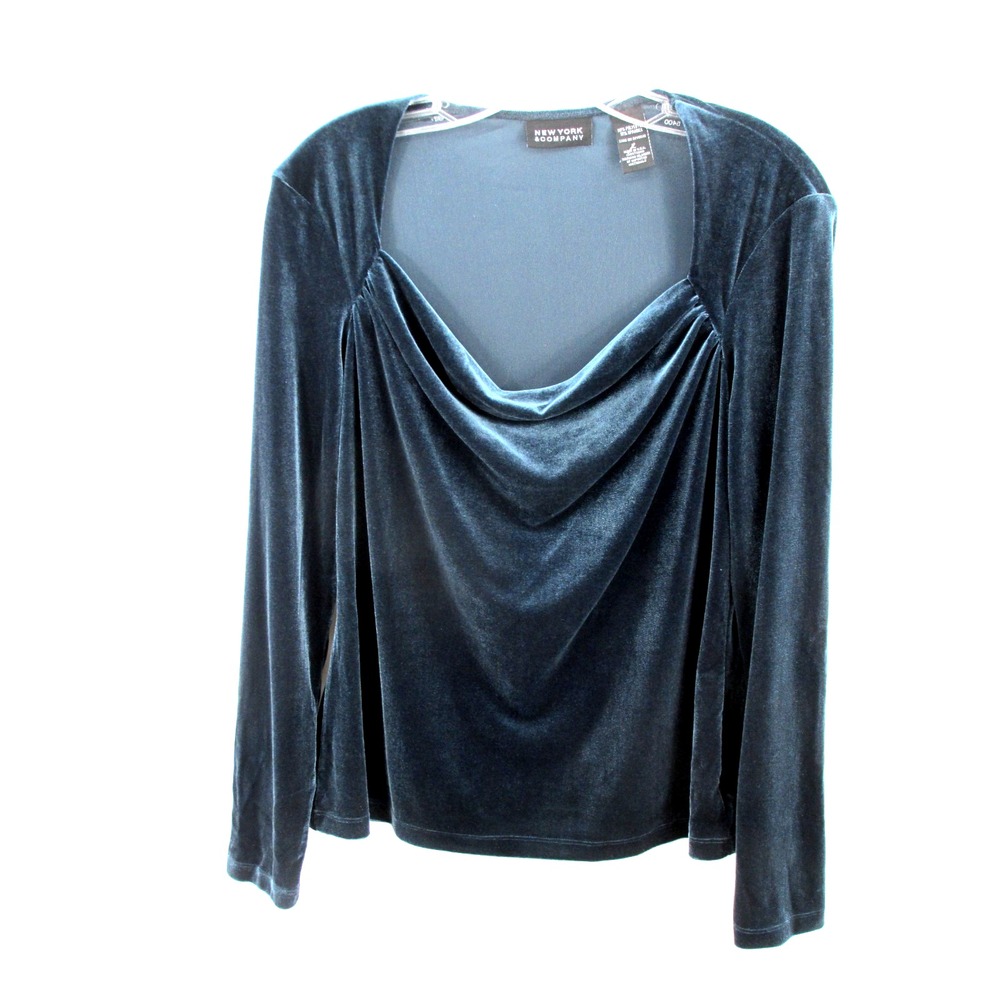 New York & Company Green Velvet Pleated Drape Neck Pullover Blouse Womens L